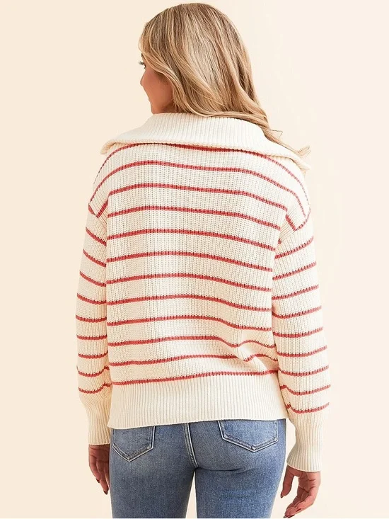 Buckle Z Supply Villa Striped 1/2 Zip Striped Sweater Red Pepper White size M - Picture 2 of 9